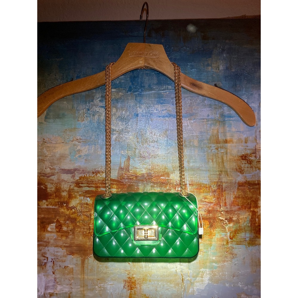 Deluxity Green Quilted Jelly Bag Gold Chain Crossbody Translucent Handbag Small - Picture 2 of 4